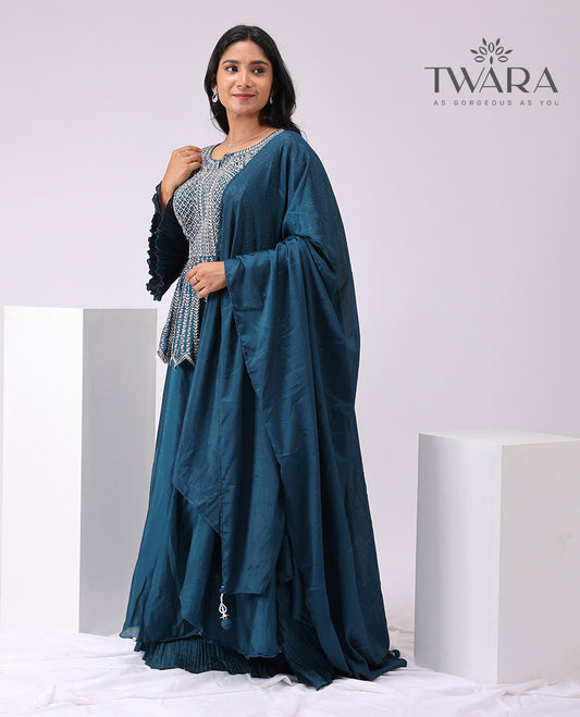 Twara blue intricate floral embroidered round neck, 3/4 th sleeve short top with plain skirt & plain dupatta