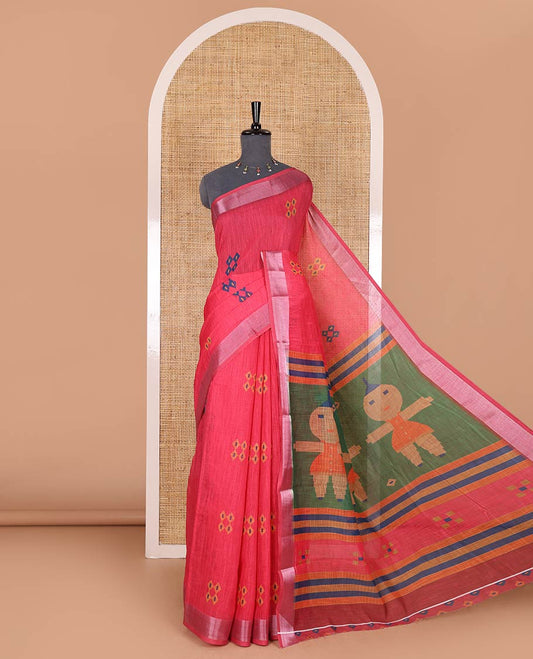Rani pink diamond buttas printed linen cotton saree, bavanji border, doll printed pallu, and a matching blouse