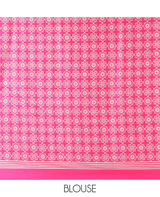 Cream with rani pink vertical lining design modal satin saree with remple printed border & big circle design pallu along with printed blouse