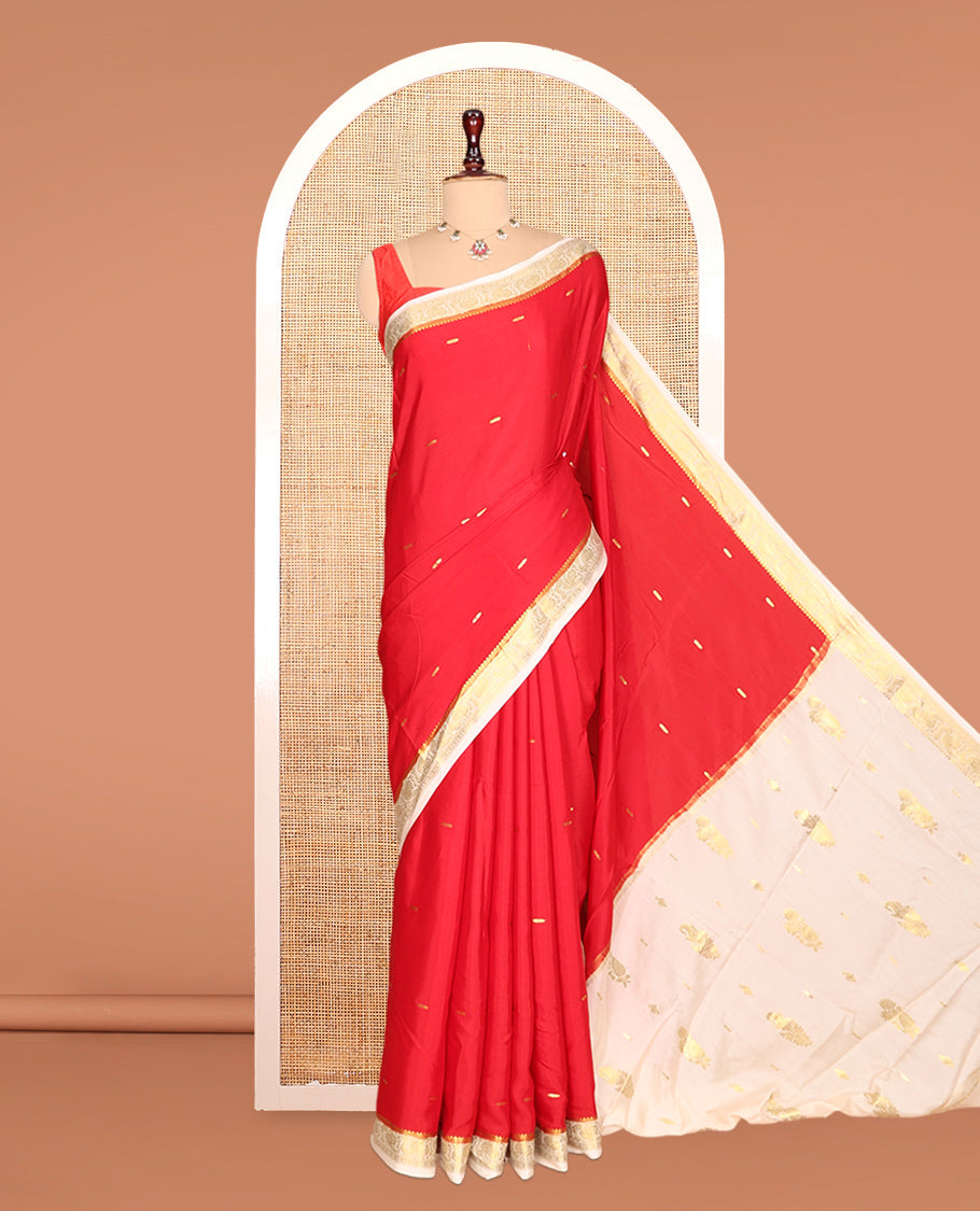 Red Plain Mysore Silk Saree, Complemented by a Contrast Traditional Zari Border, Zari Design Pallu, and a Contrast Blouse