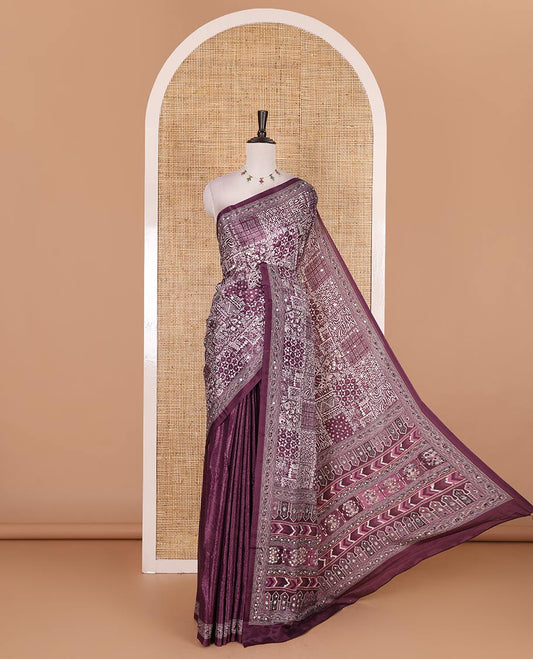Purple floral-geometric printed and mirror work masakali saree, printed border, printed and mirror work pallu, and a matching printed blouse