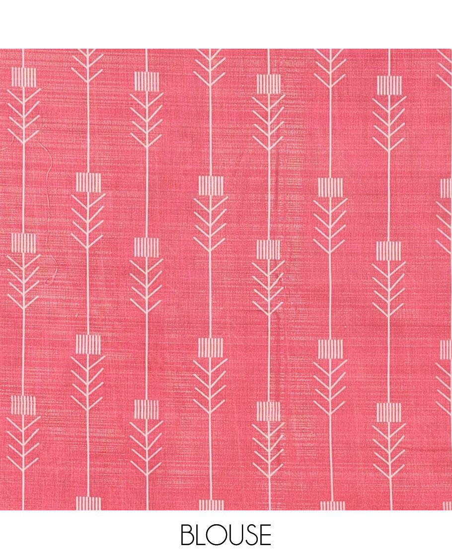 Light Brown Tissue Saree, Adorned with Horizontal Stripes and Unique Motifs Printed All Over Its Body, Complemented by Contrast Printed Border, Pallu Depicts Geometric Patterns, and Paired with a Contrast Geometric Printed Blouse