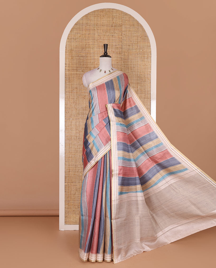 Multi color vertically striped semi-tussar saree, contrast resham thread border of temple and rudraksham motifs, striped pallu, and contrast striped printed blouse