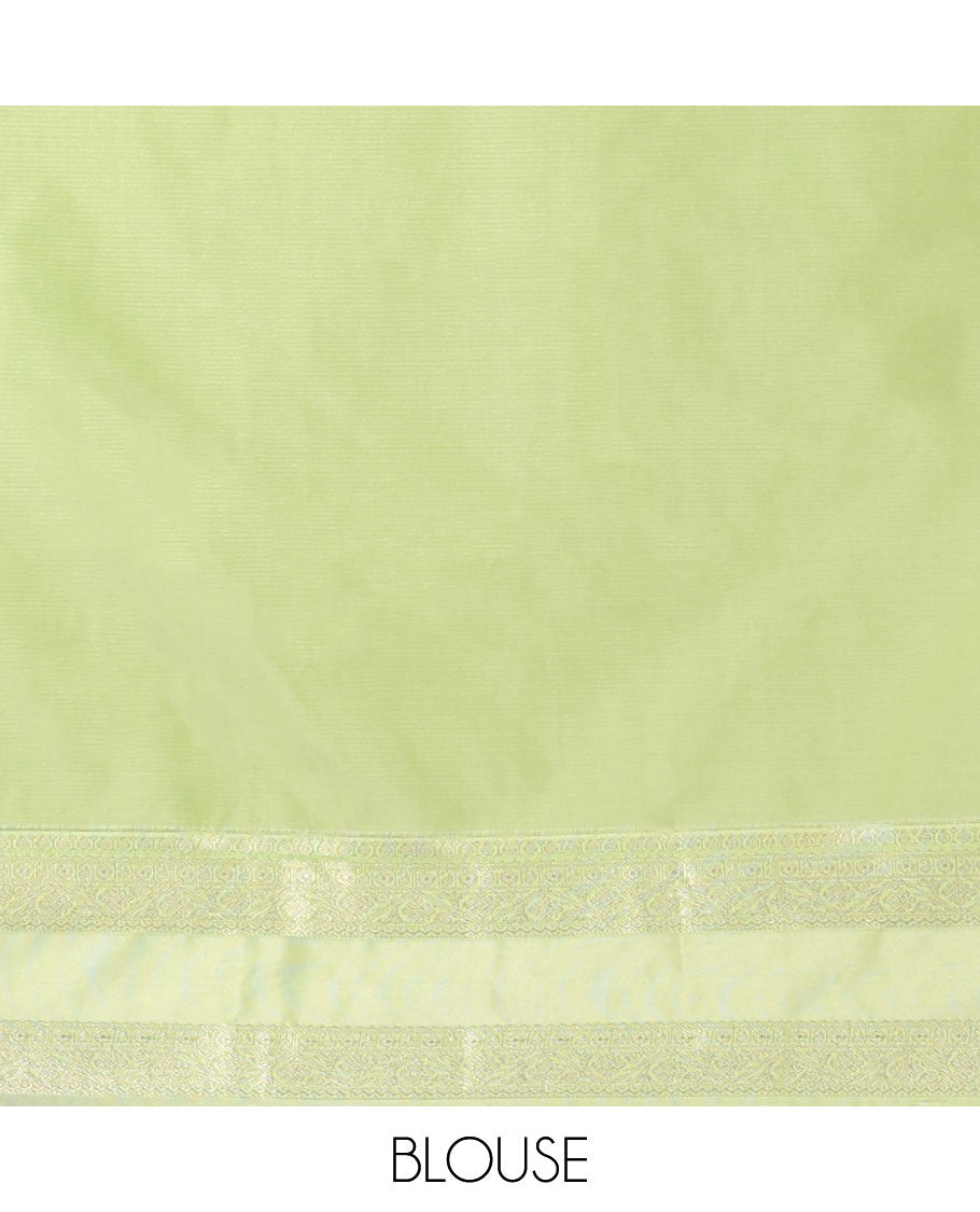 Green motifs semi-silk soft saree with contrast zari border & intricate design pallu