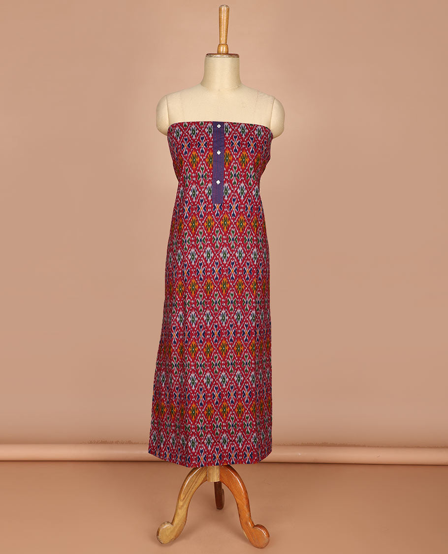 Magenta pochampally design flex cotton chudidhar material top with cotton pants & pochampally design dupatta