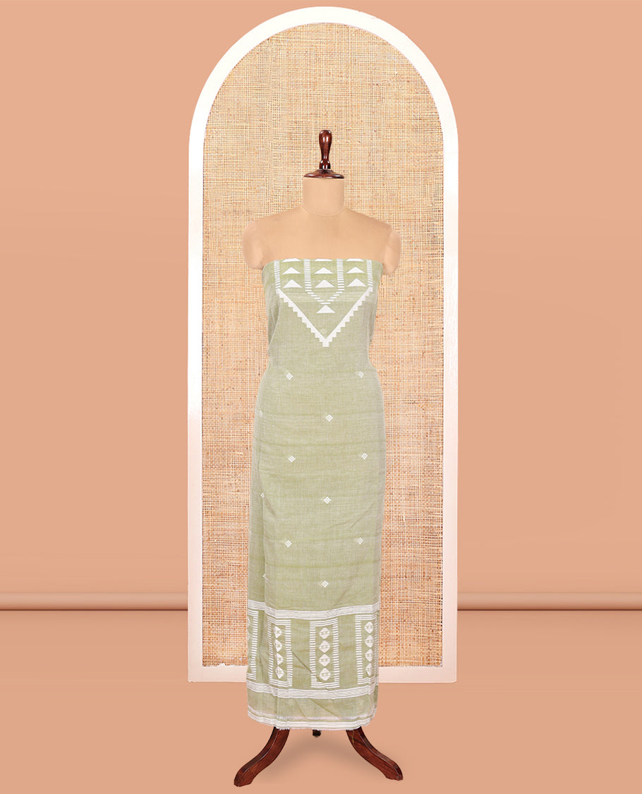 Pista Green Mul Cotton Material Chudidar Features Jamdani-Style Top, Striped Bottom, a Jamdani Dupatta