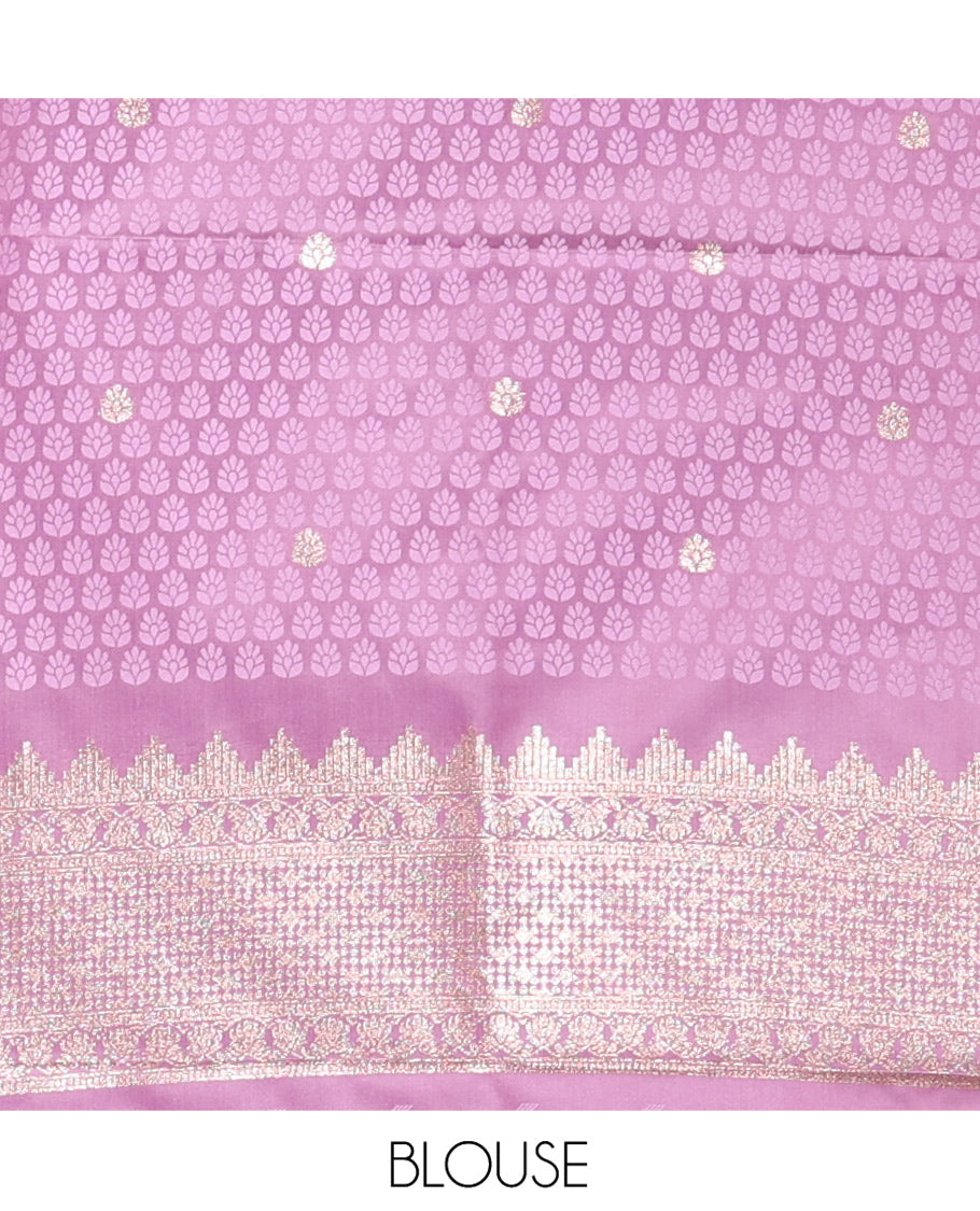 Lavender Satin Silk Saree, Steeped in Richness of Buttas and Embossed Texture, Traditional Peacock Zari Border, Peacock Pallu, and a Matching Blouse