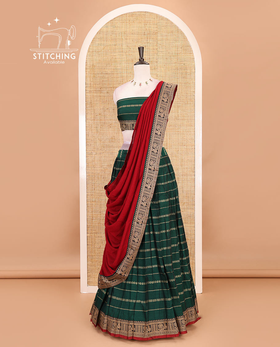 Green-red mercerised cotton half-saree, traditional design resham thread skirt, matching traditional design blouse & contrast syska georgette dhavani