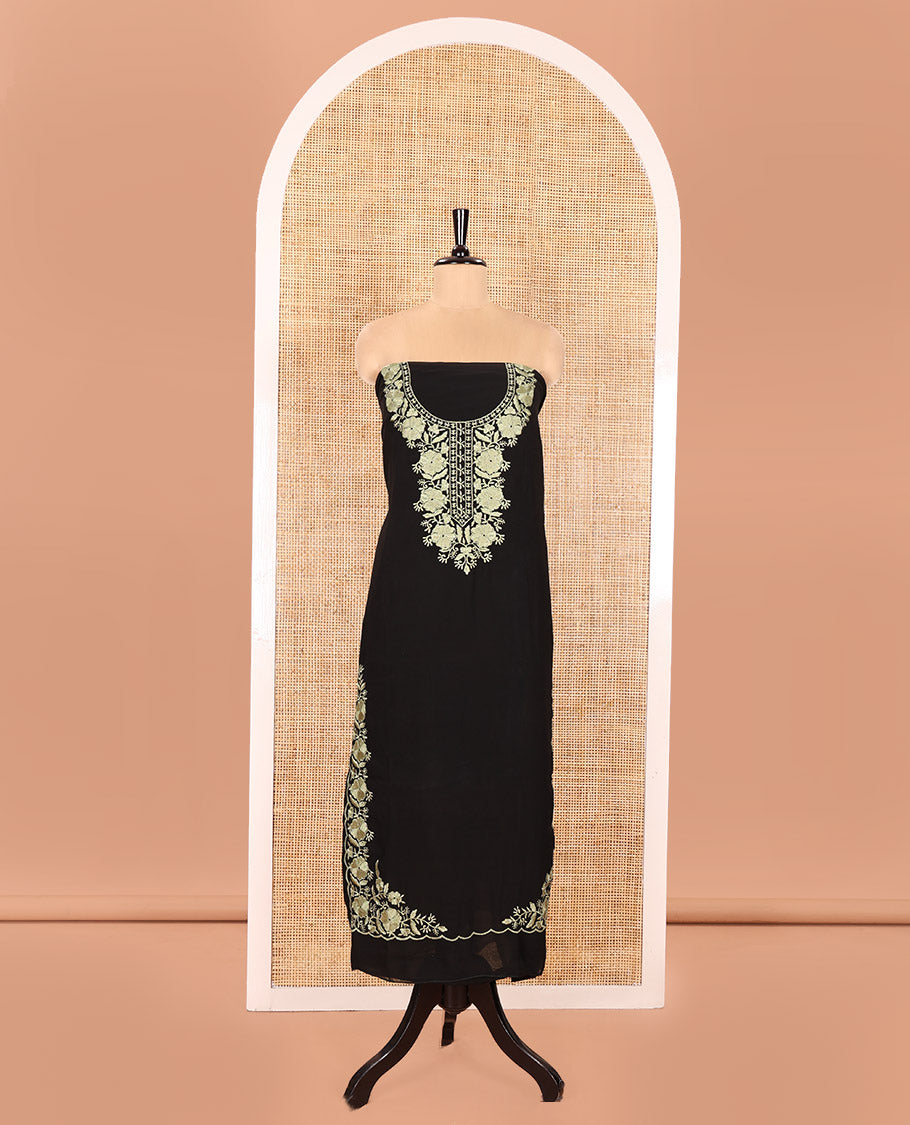 Black and Green Material Chudidhar Set, Adorned with Floral Thread Embroidered Fox Georgette Top, Plain Santoon Bottom, and Fox Georgette Scallop Dupatta with Floral Thread Embroidery