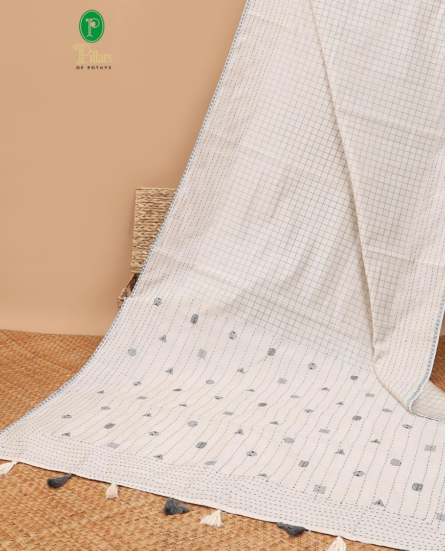 White checks semi-tussar saree with self double side kantha stitching border & embroidery pathik pallu