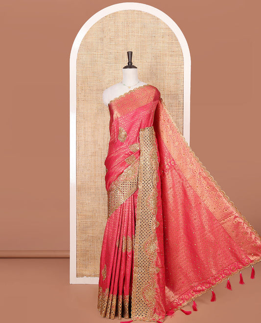 Pink Vastrakala Silk Saree Mesmerized with Jacquard Design and Patch Embroidery All Over Its Body, Highlighted by Traditional Zari Design and Cut Embroidered Scallop Border, Glittering Stone Work Pallu, and Paired with Embroidered Matching Blouse