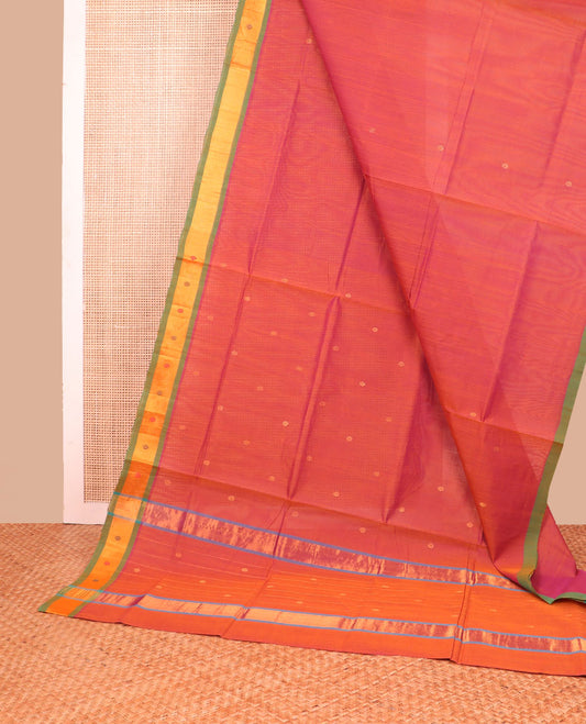 Red motifs venkatagiri cotton saree with contrast zari border & striped, motifs pallu
