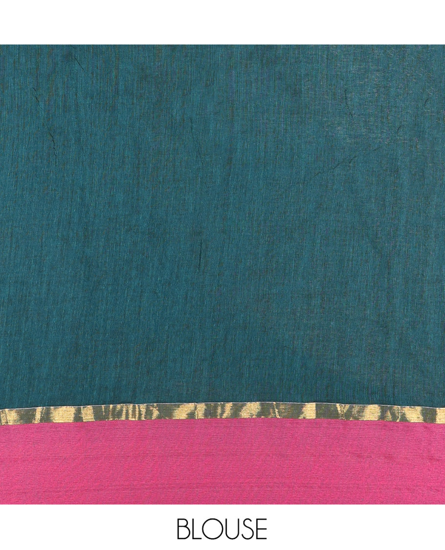 Rama Plain Khadi Mul Cotton Saree, a Contrast Satin Plain Border, a Self-Pallu, and a Matching Blouse