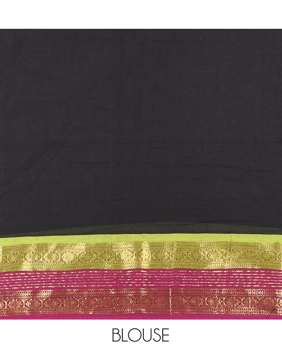 Black Plain Khadi Mul Cotton Saree, Complemented by a Contrast Traditional Zari Border,  Striped Pallu, and a Matching Blouse