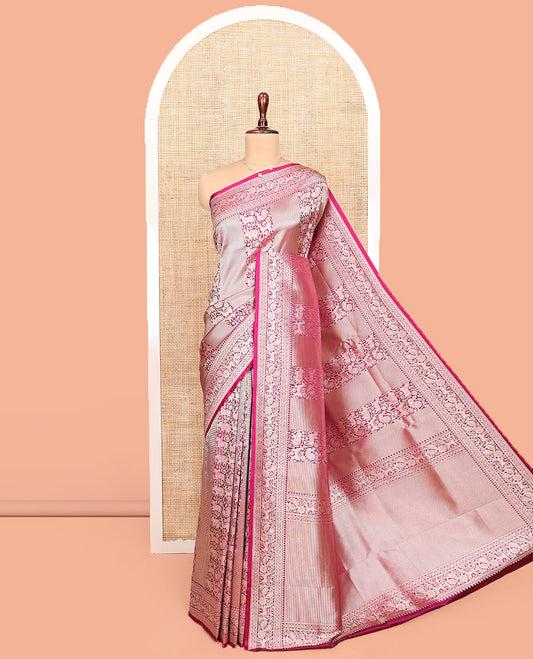 Wine Semi-Banaras Silk Saree, Artfully Detailed with Animal-themed Jacquard Designs on Its Body, Highlighted by a Zari Border of Traditional Designs, Pallu Steeped with Stripes, and Paired with a Matching Blouse