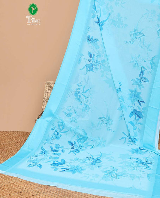 Blue digital floral print georgette saree with satin border & self pallu