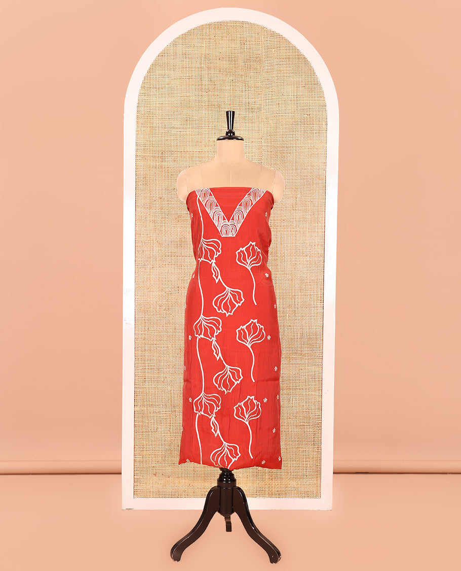 Rust Mul Chanderi Material Churidar Set, Decorated with Flower Embroidery and Sequins Work V-Neck Top, a Plain Santoon Bottom, and Paired with a Mul Chanderi Floral Embroidered Dupatta