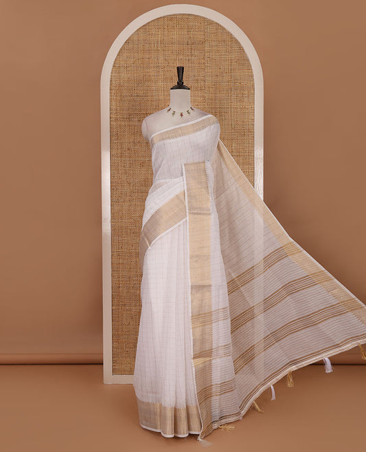 Cream checked Mercerised cotton saree, temple zari self-border, striped pallu & small striped blouse