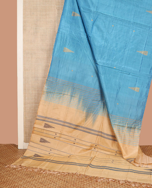 Borderless Blue Banana Pith Saree, Adorned with Temple Buttas All Over Its Body, Complemented by a Contrast Pallu of Stripes and Temple Buttas, and Paired with a Contrast Blouse