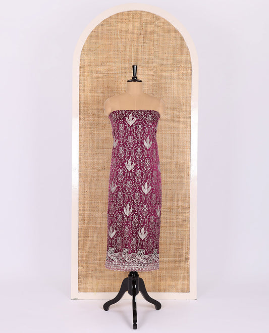 Purple material chudidar set, intricate thread embroidered with stone work velvet organza top, a matching santoon bottom, and a embroidered velvet organza dupatta