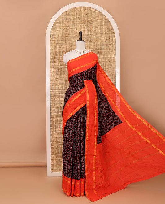 Black-Red Tamil letters printed Sungudi cotton saree, contrast rudraksham rettai pettu zari border, striped pallu & contrast veldhari striped blouse