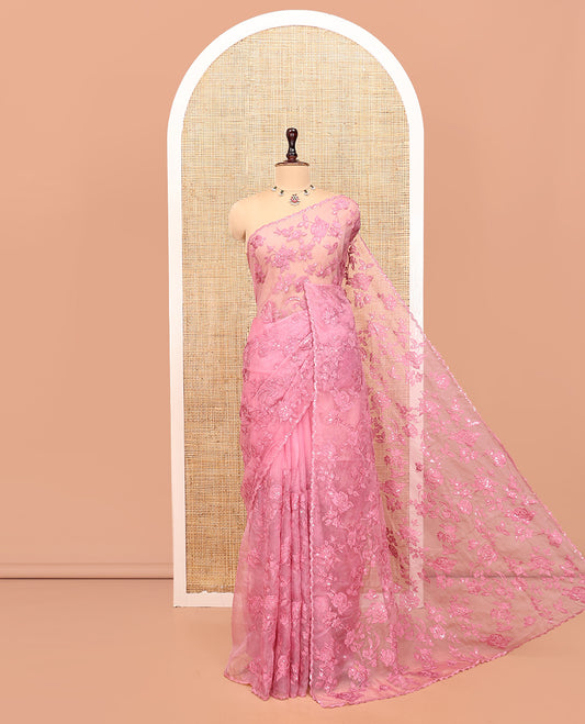 Pink Organza Saree, Prettified with Floral Vine Sequins-Thread Embroidery, Scallop-Embroidered Border, and a Matching Blouse