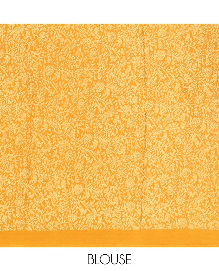 Mustard plain gajji silk saree, double-sided position printed border & pallu of animal & human motifs, with floral printed blouse