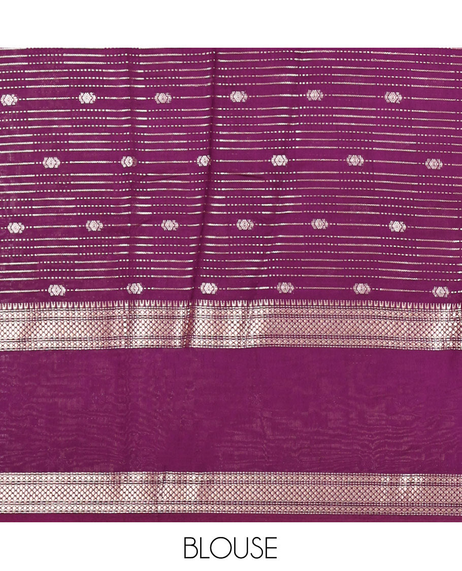 Lavender Assam Silk Saree, Adorned with Zari Stripes, Complemented by Contrast Traditional Zari Border, Zari Design Pallu, and a Contrast Blouse