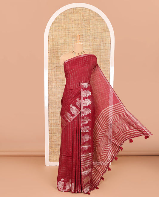 Red micro-checked design viscose khadi silk saree, peacock zari motifs woven border, zari striped pallu, and a matching blouse