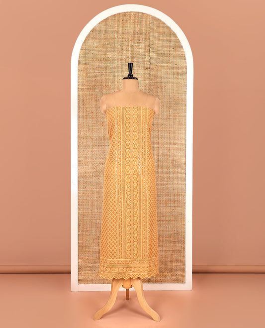 Brown material chudidar set, paisleys and jaal schiffli sequins embroidered mul georgette top, a matching bottom, and a mirror work dupatta