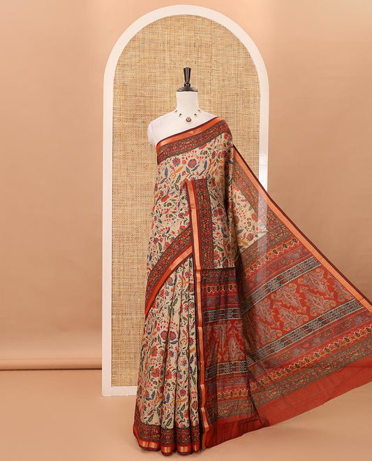 Chikku-base multi-hued floral vine printed viscose muslin saree, contrast zari piping border,print pallu & floral motifs print blouse