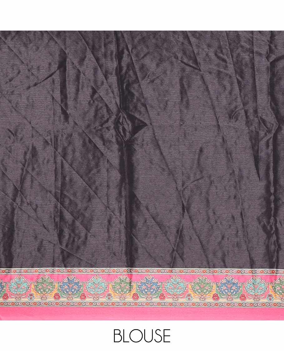 Black half-&-half style geometric print & mirror embroidery masakali saree,self-border & pallu of print & mirror work,plain blouse