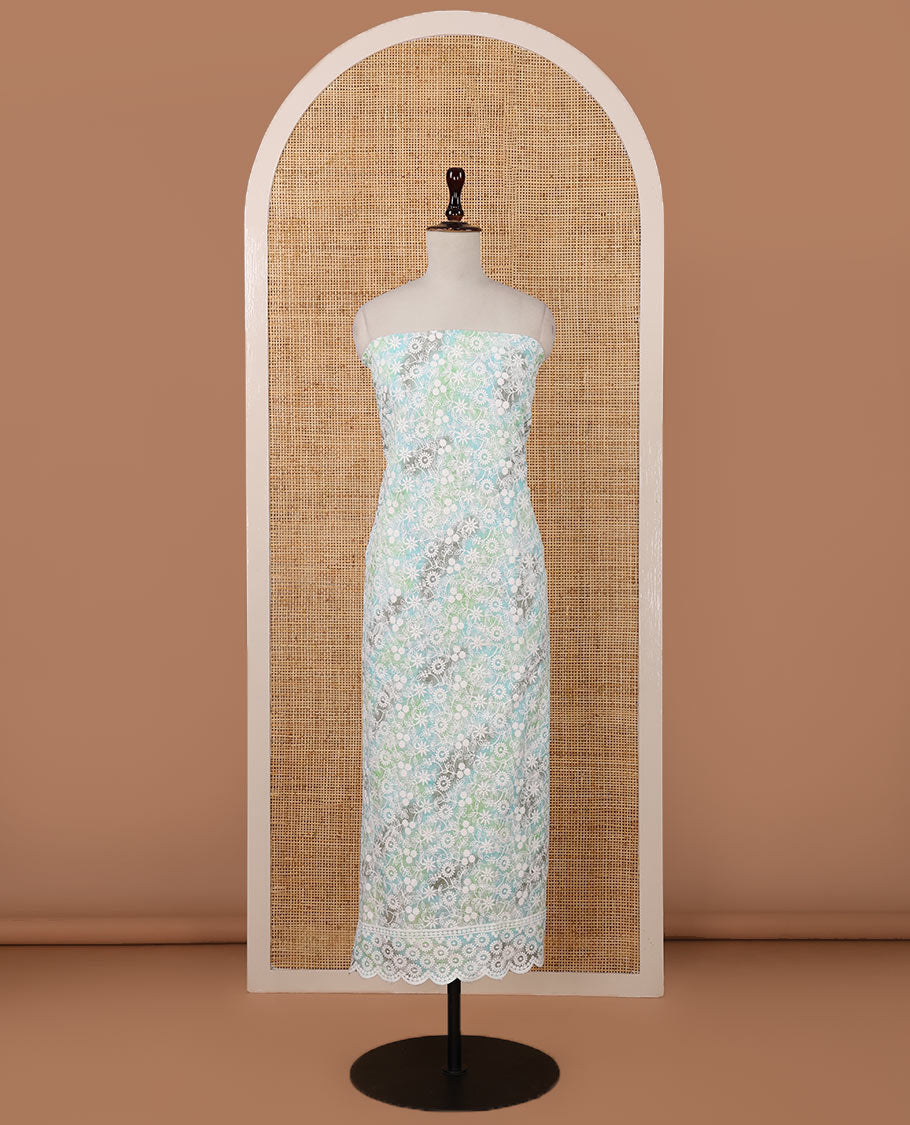 Green chudidar material set, shibori-print & floral vine chikankari embroidered top,printed cotton bottom & floral chikankari embroidery chiffon dupatta