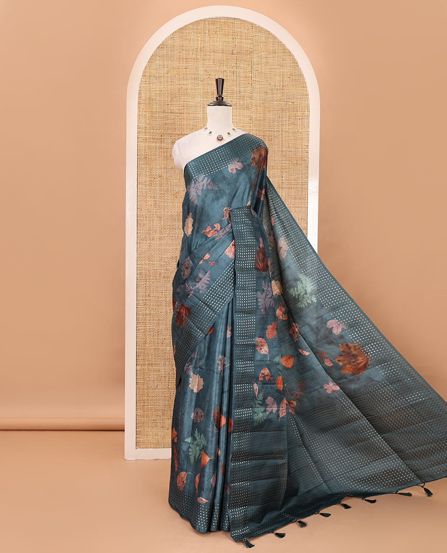 Peacock blue leaf motifs eco-digital printed fancy tussar saree, zari border & pallu woven with dobby-style buttas