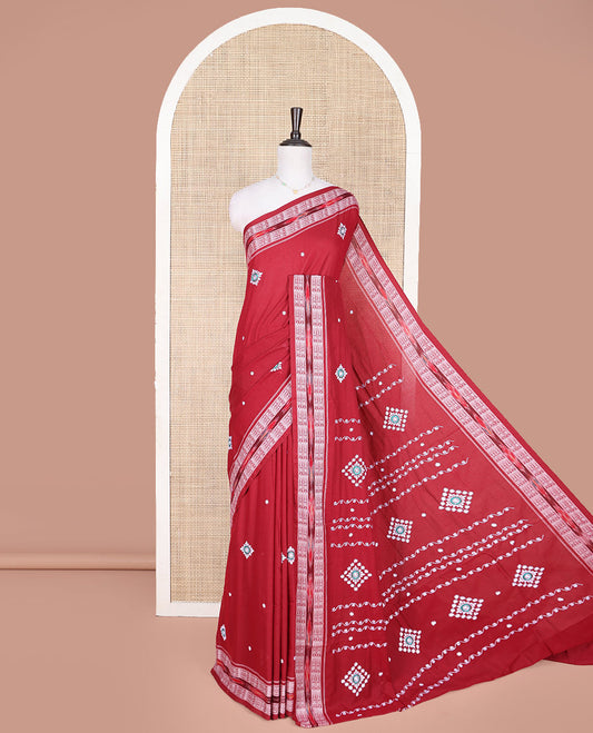 Red Odisha Cotton Saree, Highlighted with Buttas All Over the Body, Subtle Self-Border Steeped with Fish Motifs, Captivating Contrast Pallu of Unique Designs, and Paired with a Contrast Blouse