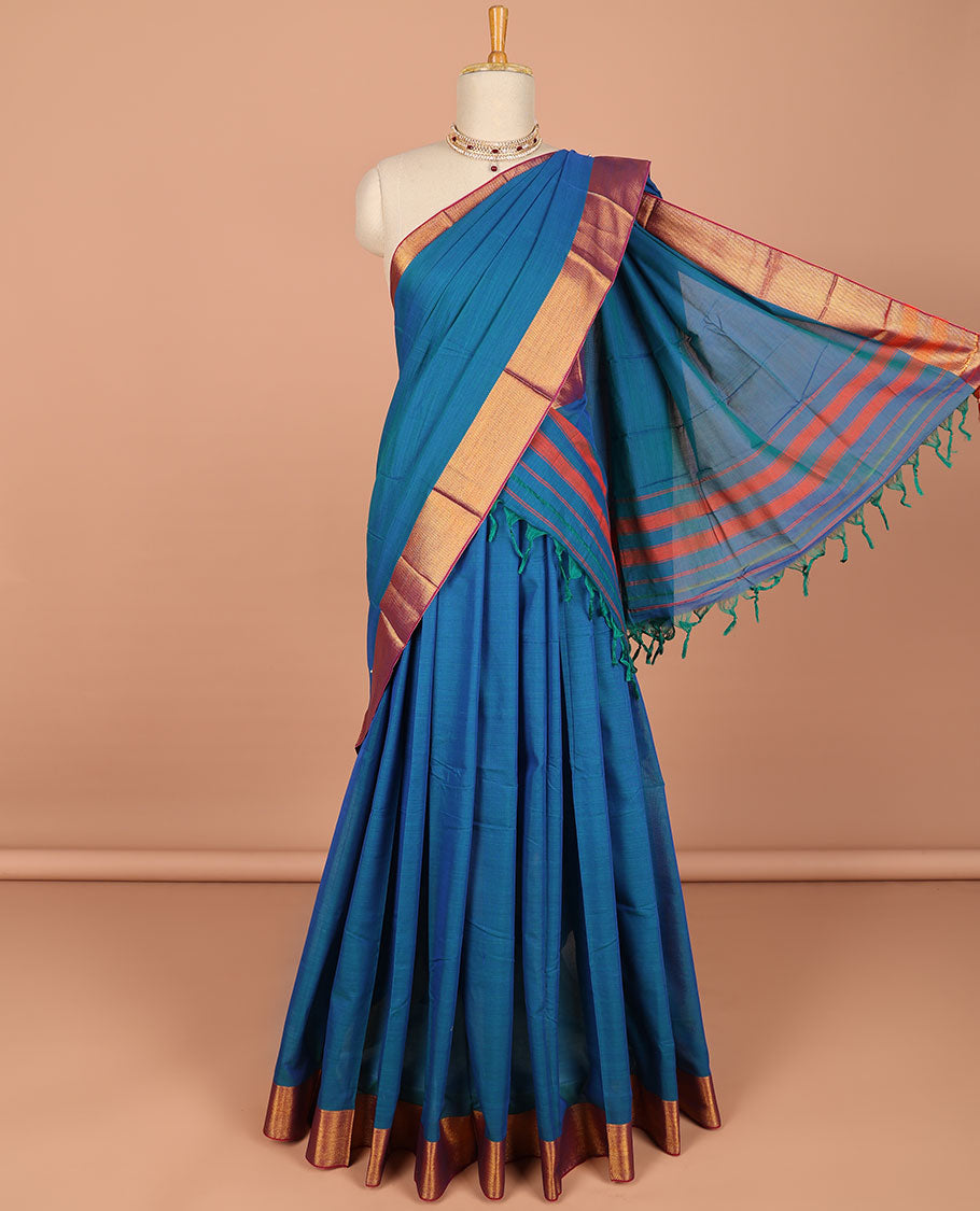 Blue cotton half saree contrast zari border with plain blouse & plain dhavani with zari designborder