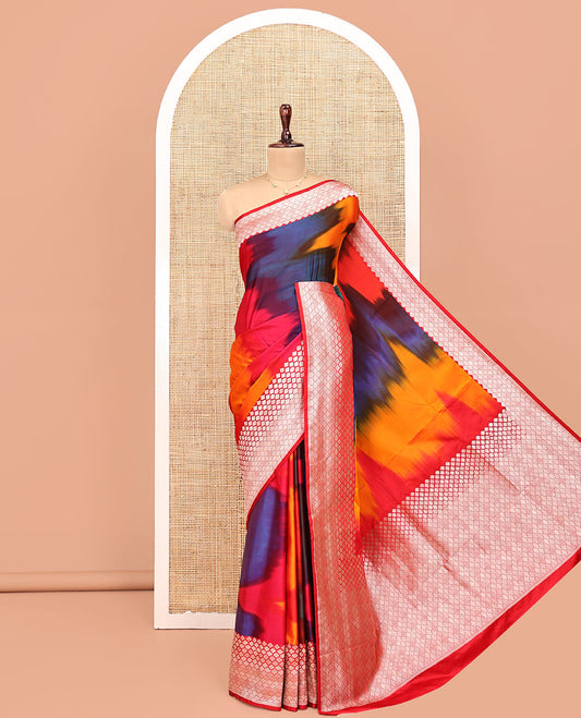Multi-Color Banarasi Silk Saree, Vibrantly Adorned with Colorful Ikkat Weave on Its Body, Highlighted by a Self-Border of Jaal Designs, Pallu of Jaal Designs, and Paired with a Matching Blouse
