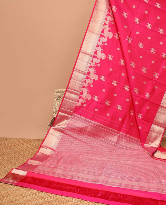 Red animal buttas kanchipuram designer silk saree with self border of sombu, paun, mayil, banaras, mayil kann design & zari design pallu