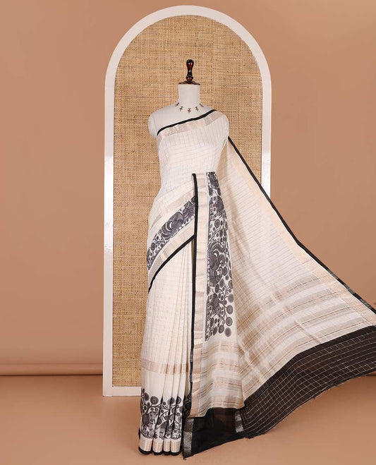 Half-white zari checked with kalamkari flora-fauna motifs printed Assam cotton saree, traditional zari border, zari striped pallu, and matching blouse