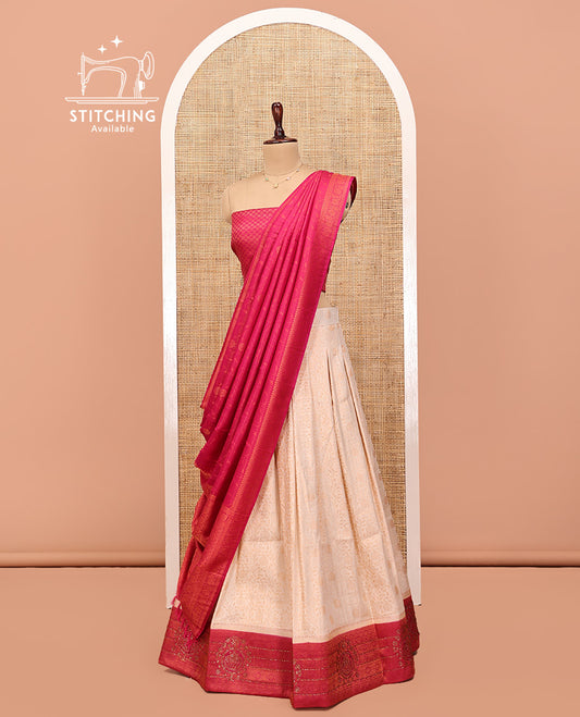 Cream Art Silk Half Saree, Subtly Sparkled with Jacquard Skirt, Contrast Traditional Stone-Work Border, a Jacquard Blouse, and Banaras Jacquard Dhavani