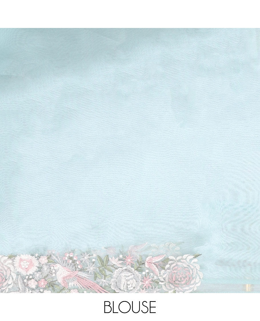 Blue floral motifs embroidered semi-banaras organza saree & floral embroidered border