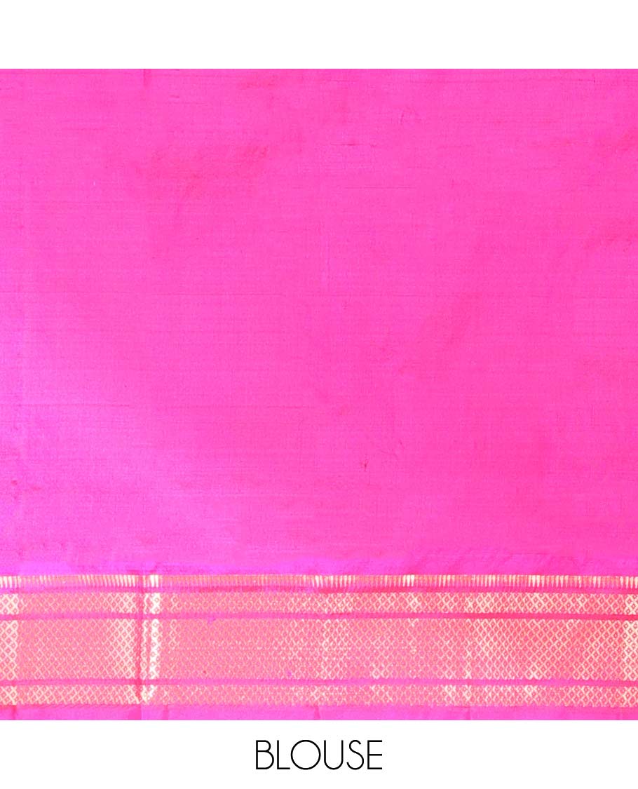 Pink motifs paithani silk sare with contrast checked zari border & intricate zari design pallu