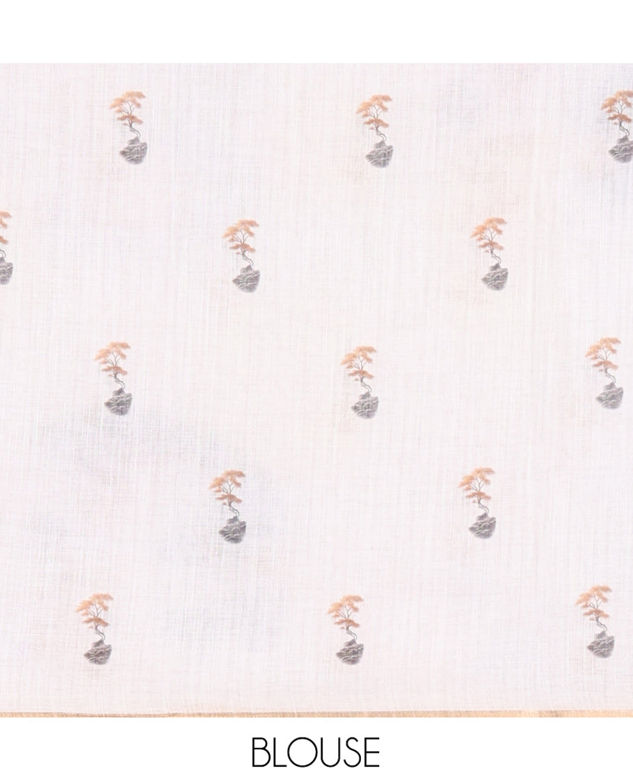 White Linen Cotton Saree Showcasing Chinese Women Motifs Printed on Its Body, and Pallu, Subtle Piping Border, and Paired with a Matching Blouse