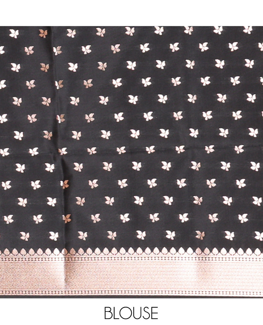 Borderless Black Elite Soft Silk Saree, Adorned with Leaf Motifs, a Self-Pallu of Floral Designs, and a Matching Blouse