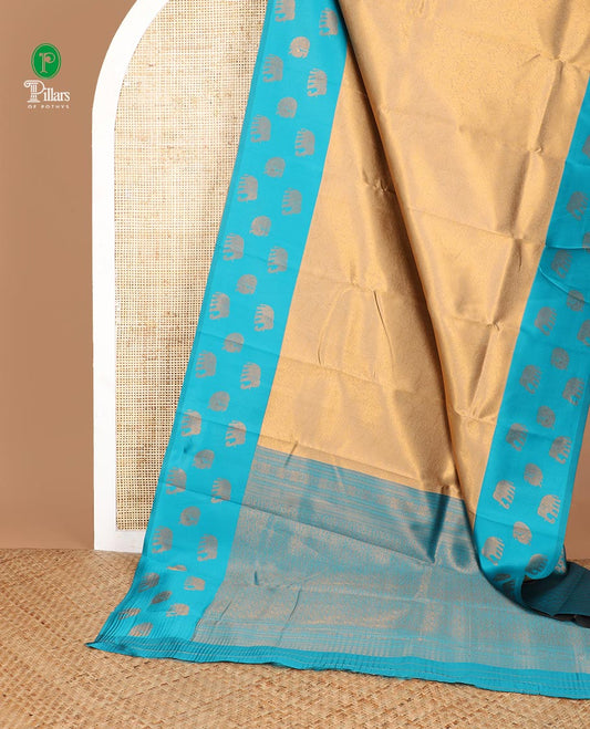 Gold copper zari design litchi soft silk saree with contrast elephant, annam zari design border & rich pallu along with brocade blouse