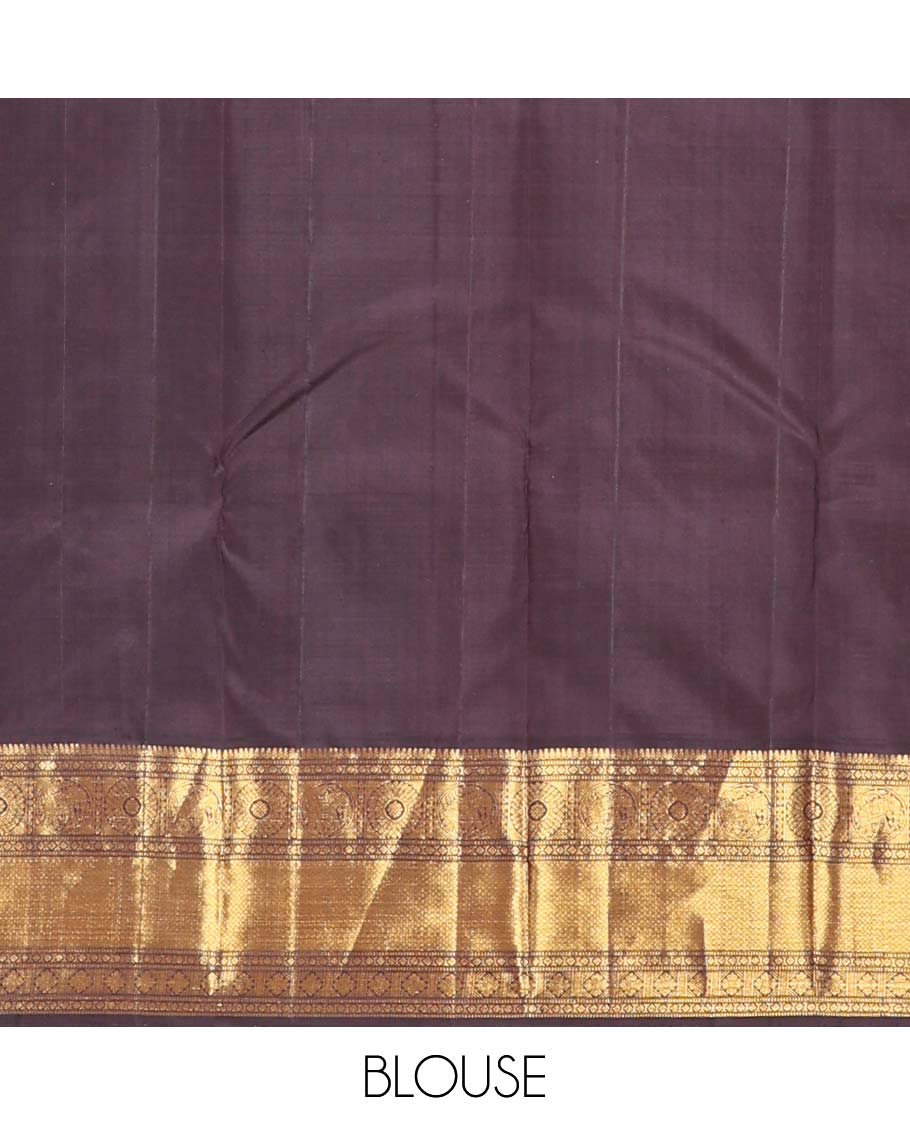 Yellow annam chakram buttas Kanchipuram korvai silk saree, contrast neer korvai border of thilakam mokku,muthu,diamond,round yaanai, chakram, and mayil kann, and pallu of poun designs
