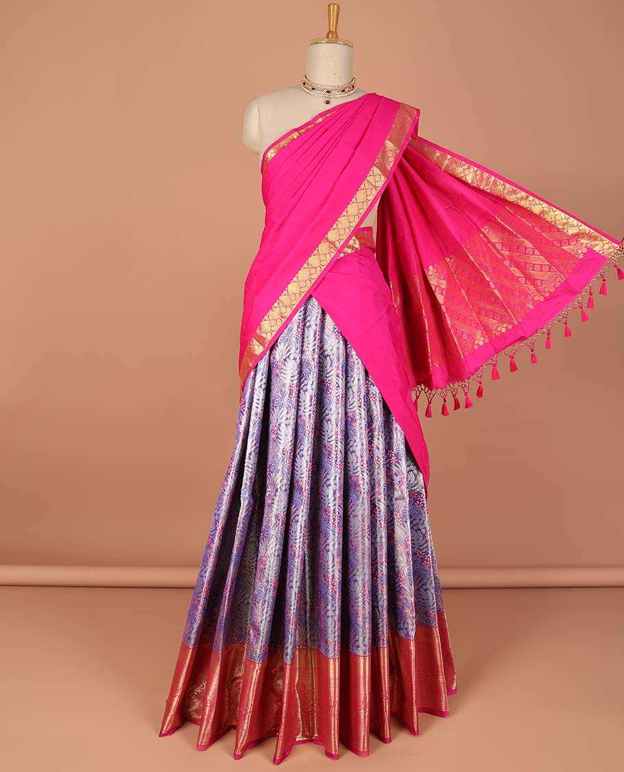 Lavender floral vine design art-silk half saree, contrast traditional zari border,zari design blouse & intricate dhavani