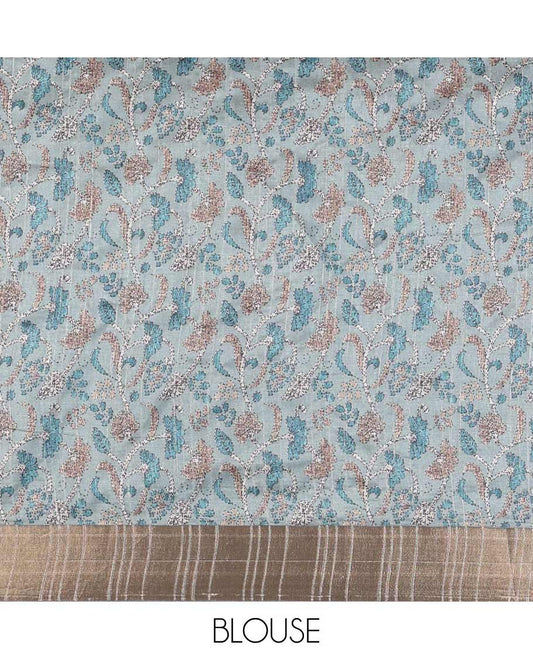 Light grey digital floral printed semi  tussar saree with zari bawanchi border & printed pallu along with printed blouse