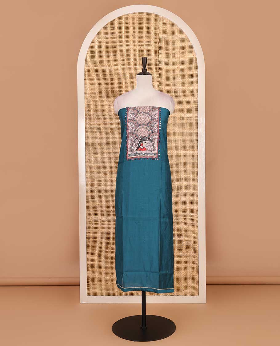 Peacock blue material chudidar set, Madhubani theme printed with French Knot embroidered and mirror work Vertican silk top, contrast rayon bottom, and Madhubani printed dupatta