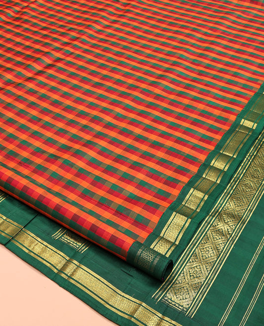 Multi-Color Kanchipuram Silk Saree, Enthralled with Palum Pazhamum Checks, Complemented by a Contrast One-Sided Korvai Border of Banaras and Jaal Designs, Grand Pallu, and No Blouse